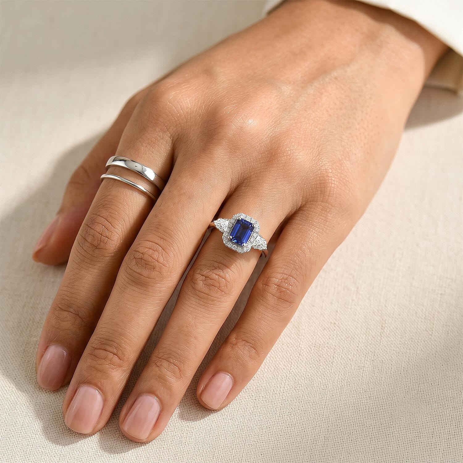 D'Joy Premium Tanzanite, Moissanite  Ring in Rhodium Over Sterling Silver  (Size 6.0) 2.10 ctw