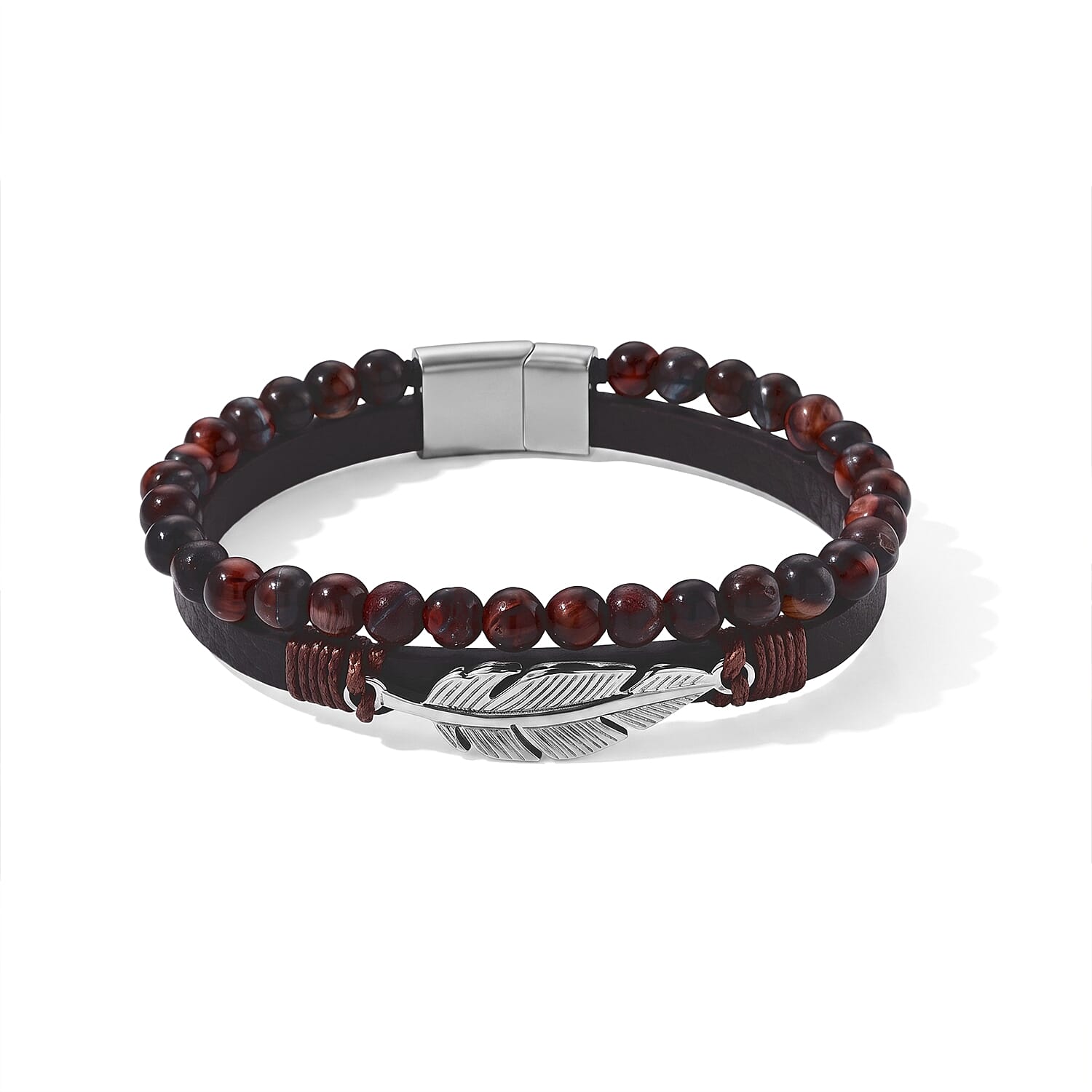 Red Tiger Eye Beaded Genuine Leather Bracelet with Feather Charm in Stainless Steel (8.00 In) 12.00 ctw