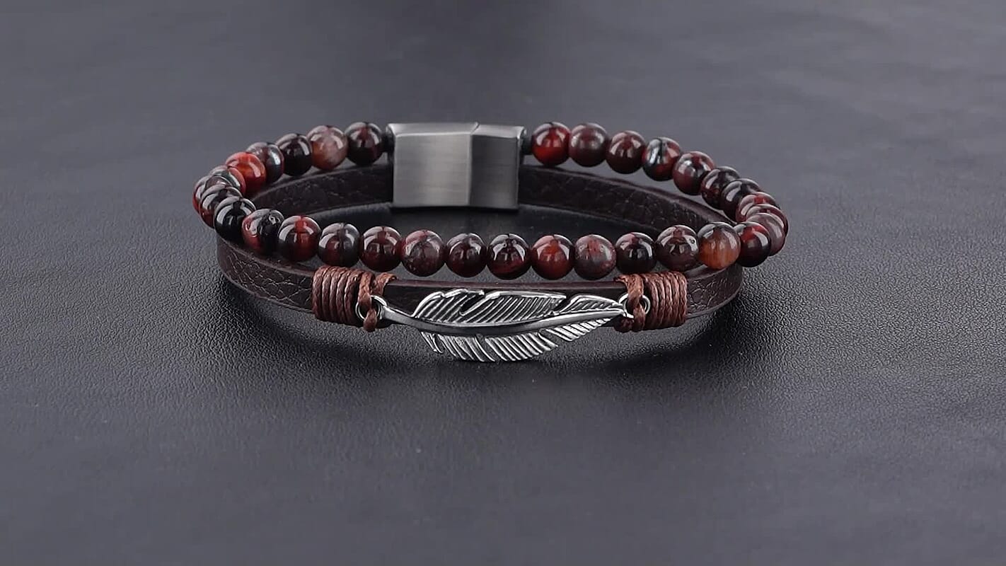 Red Tiger Eye Beaded Genuine Leather Bracelet with Feather Charm in Stainless Steel (8.00 In) 12.00 ctw