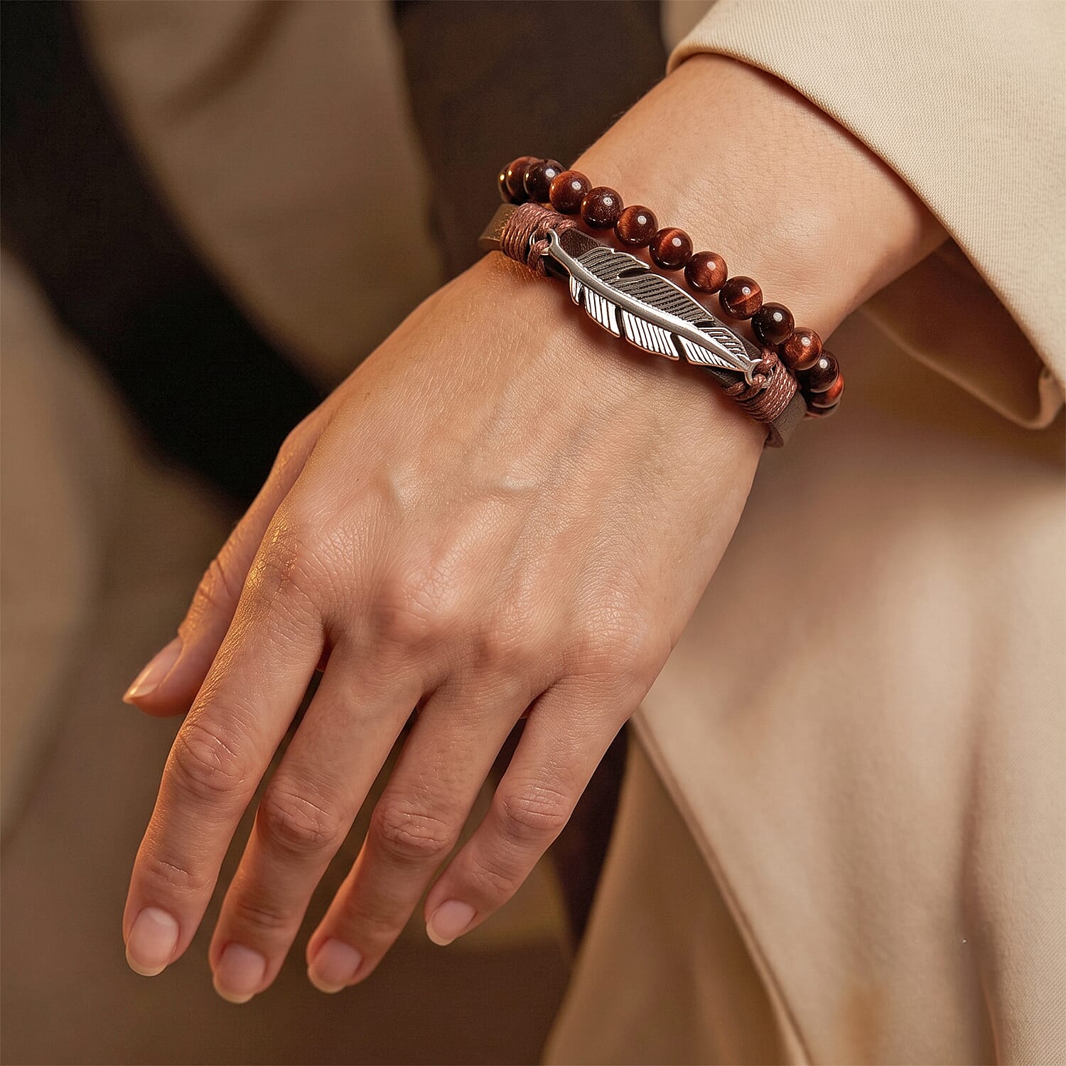 Red Tiger Eye 12.00 ctw Beaded Bracelet with Feather Charm in Stainless Steel (8.00 In)