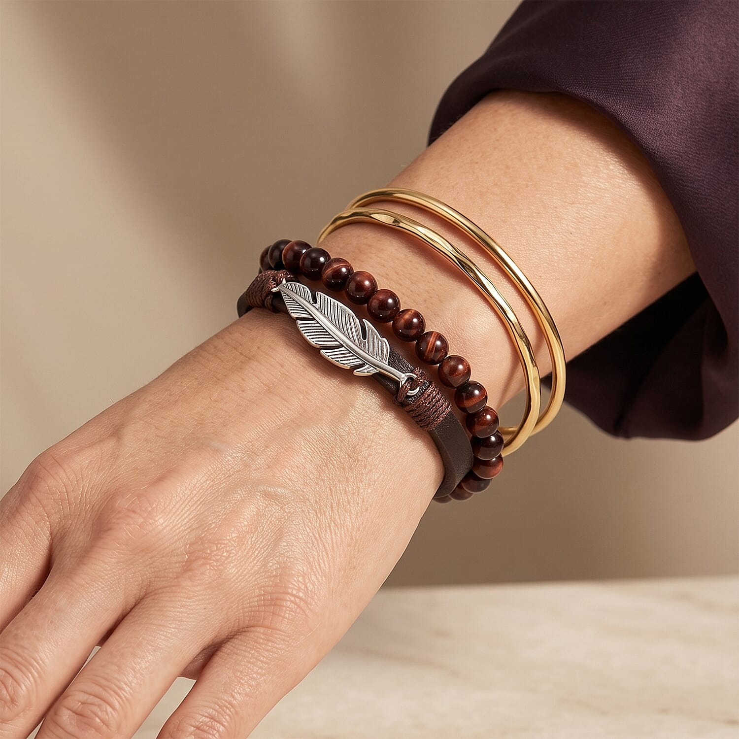 Red Tiger Eye 12.00 ctw Beaded Bracelet with Feather Charm in Stainless Steel (8.00 In)