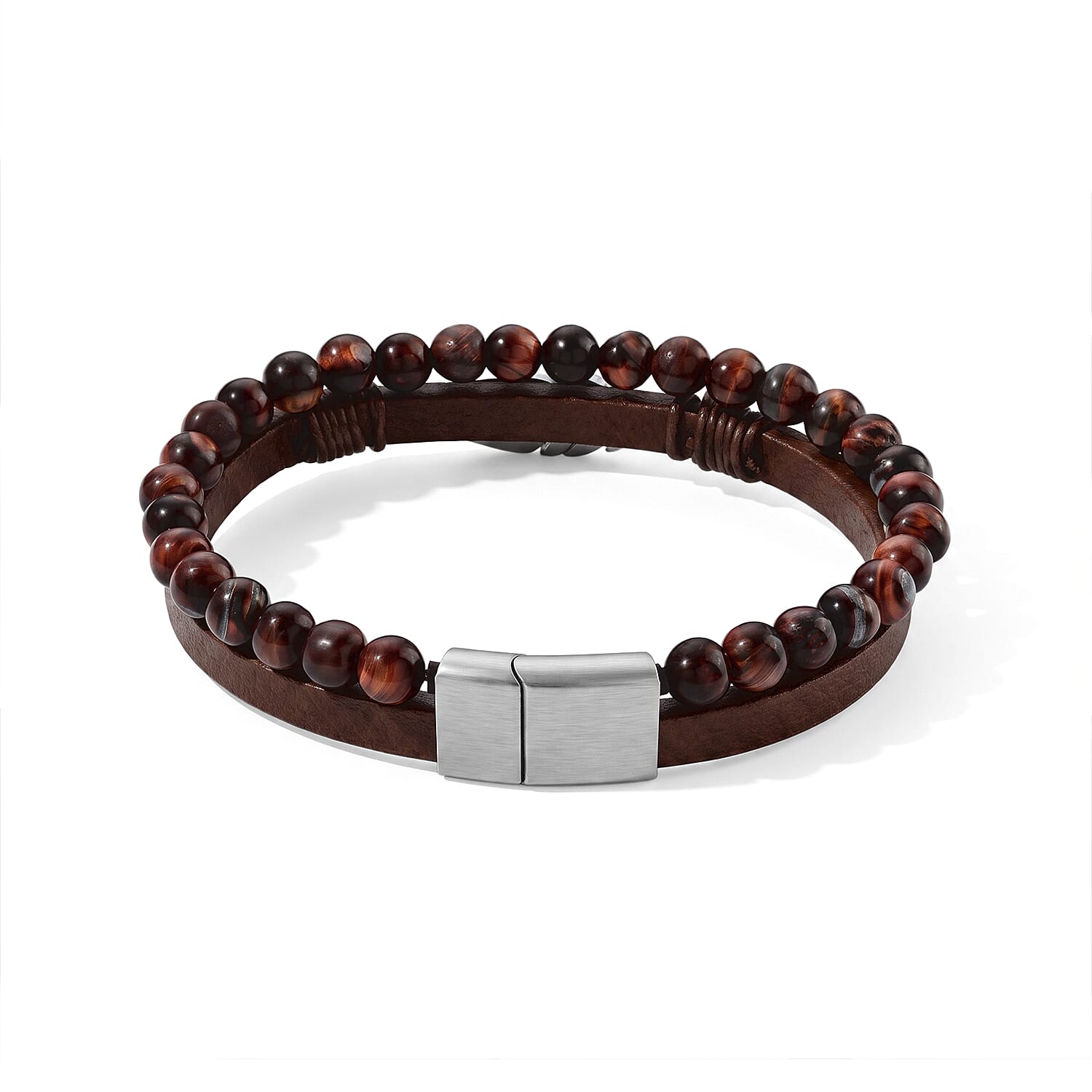 Red Tiger Eye 12.00 ctw Beaded Bracelet with Feather Charm in Stainless Steel (8.00 In)