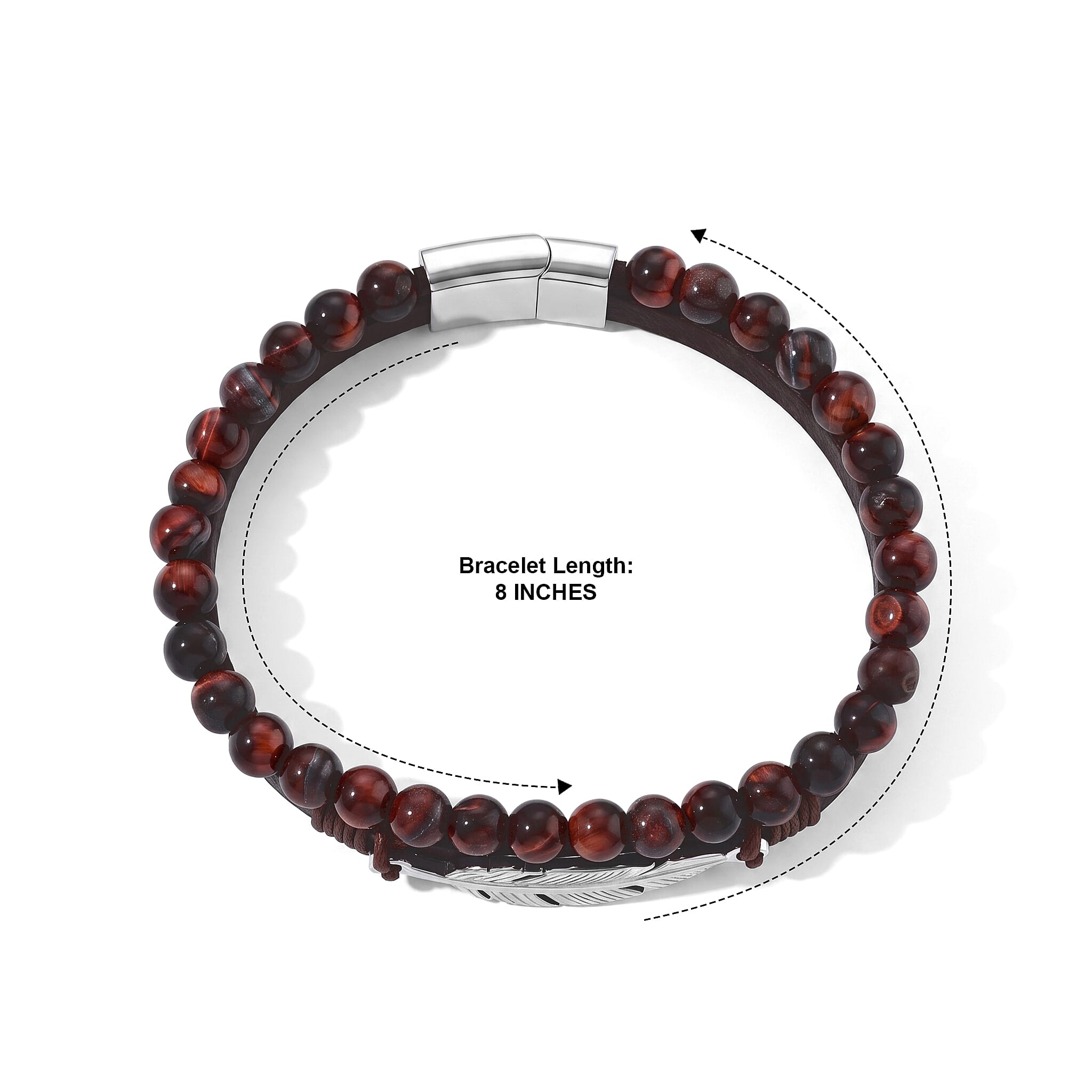 Red Tiger Eye 12.00 ctw Beaded Bracelet with Feather Charm in Stainless Steel (8.00 In)