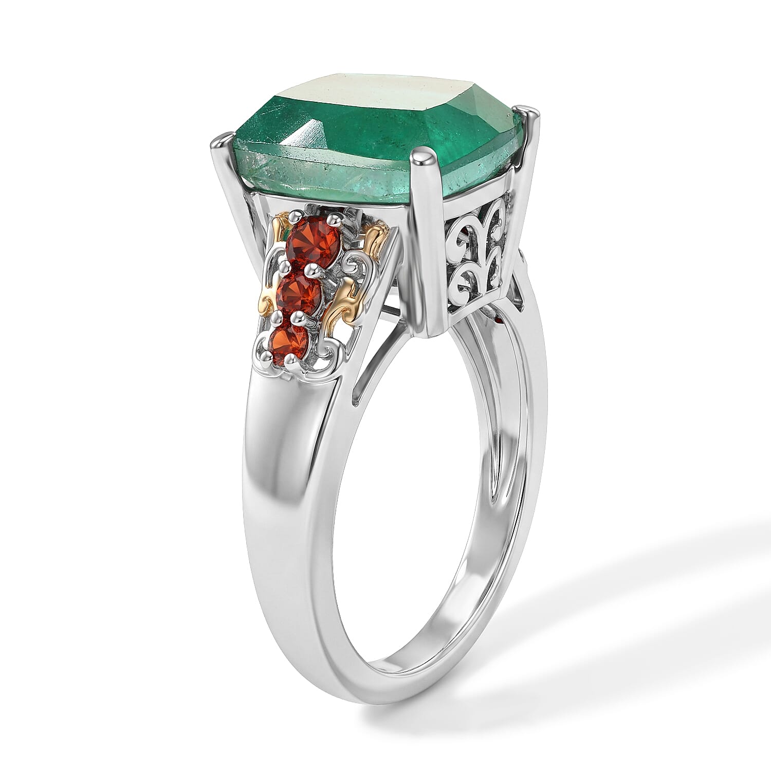 EverTrue Emeraldine Triplet Quartz, Mozambique Garnet Ring in 18K YG Plated and Platinum Bond (Size 5.0) 6.80 ctw