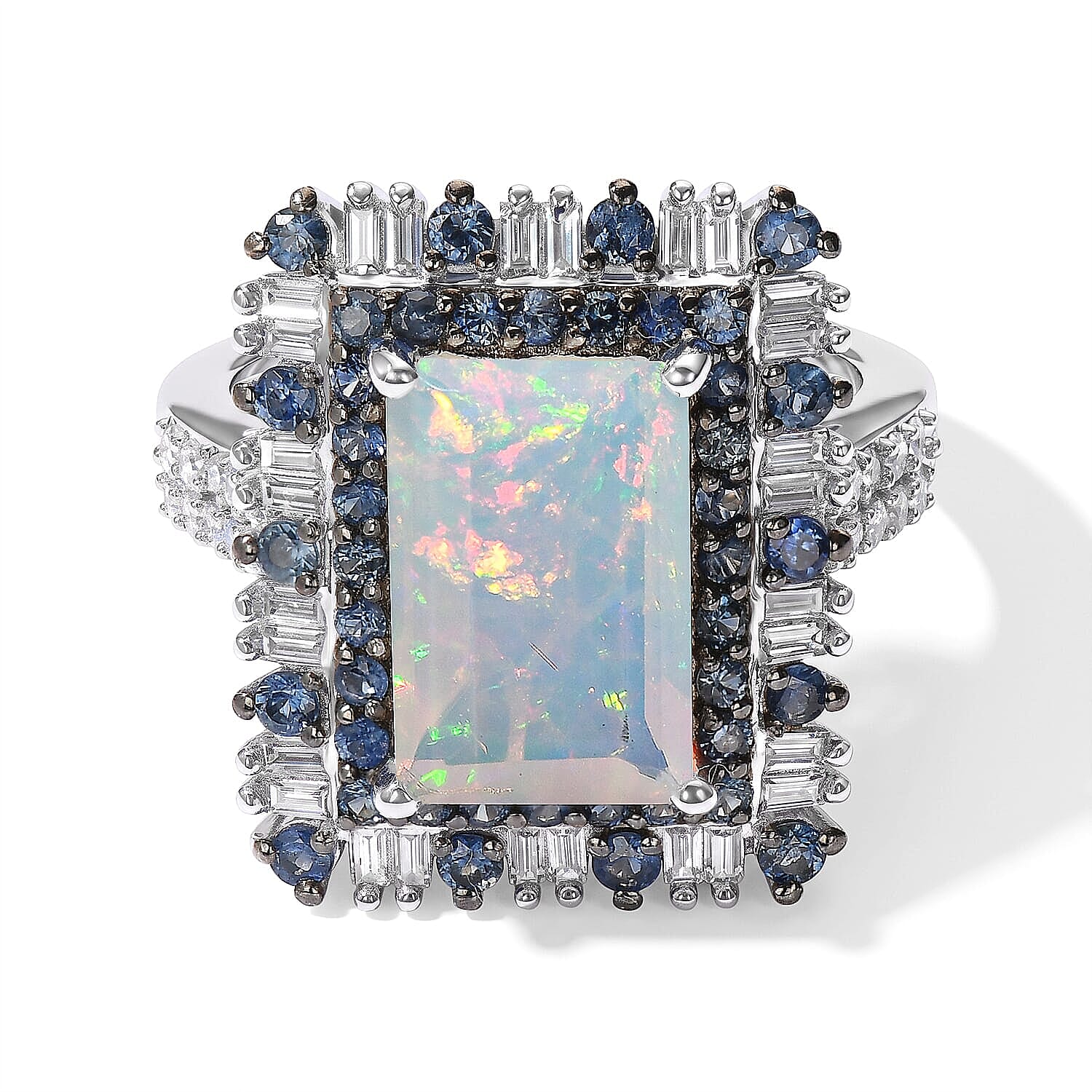 D'Joy Premium Ethiopian Welo Opal, Multi Gemstone Ring in Rhodium Over Sterling Silver (Size 5.0) 3.90 ctw