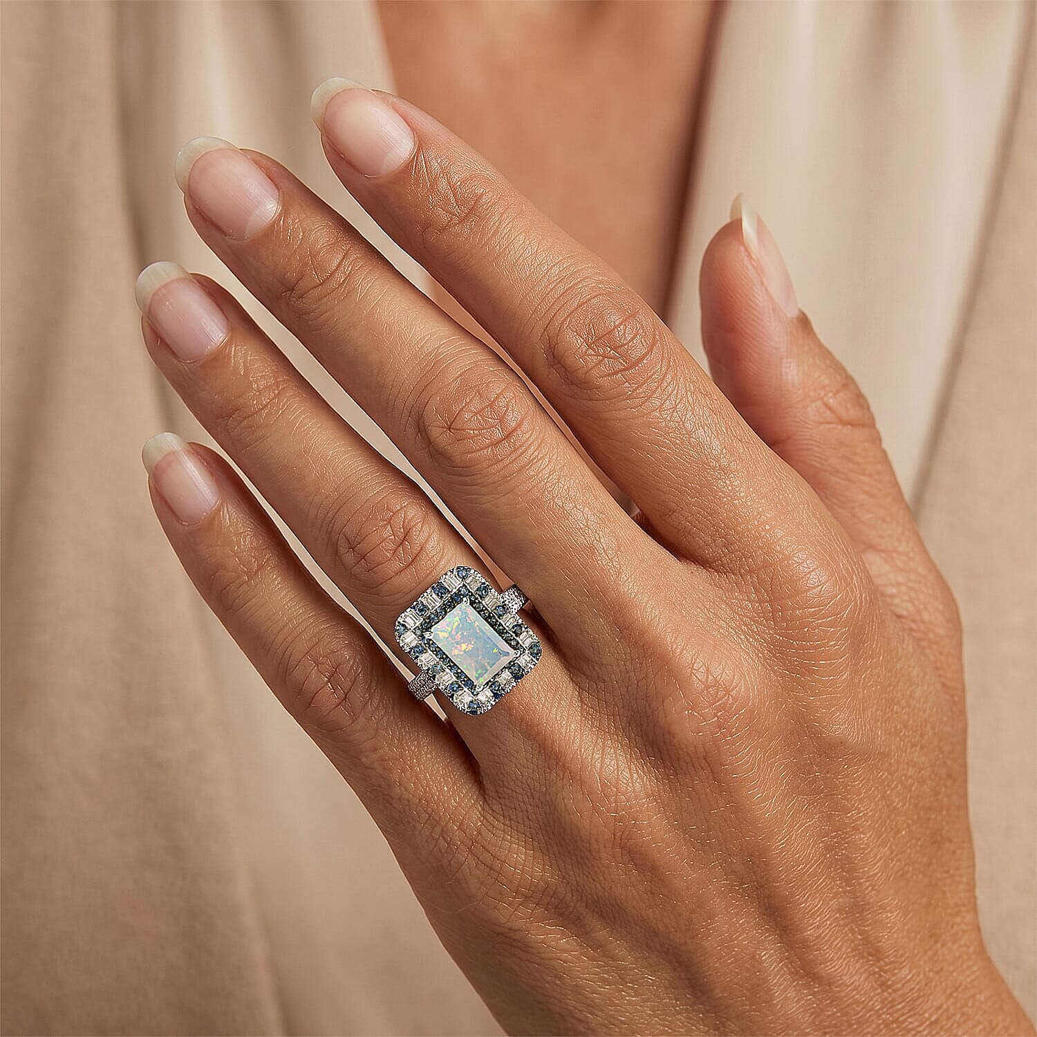 D'Joy Premium Ethiopian Welo Opal, Multi Gemstone Ring in Rhodium Over Sterling Silver (Size 5.0) 3.90 ctw