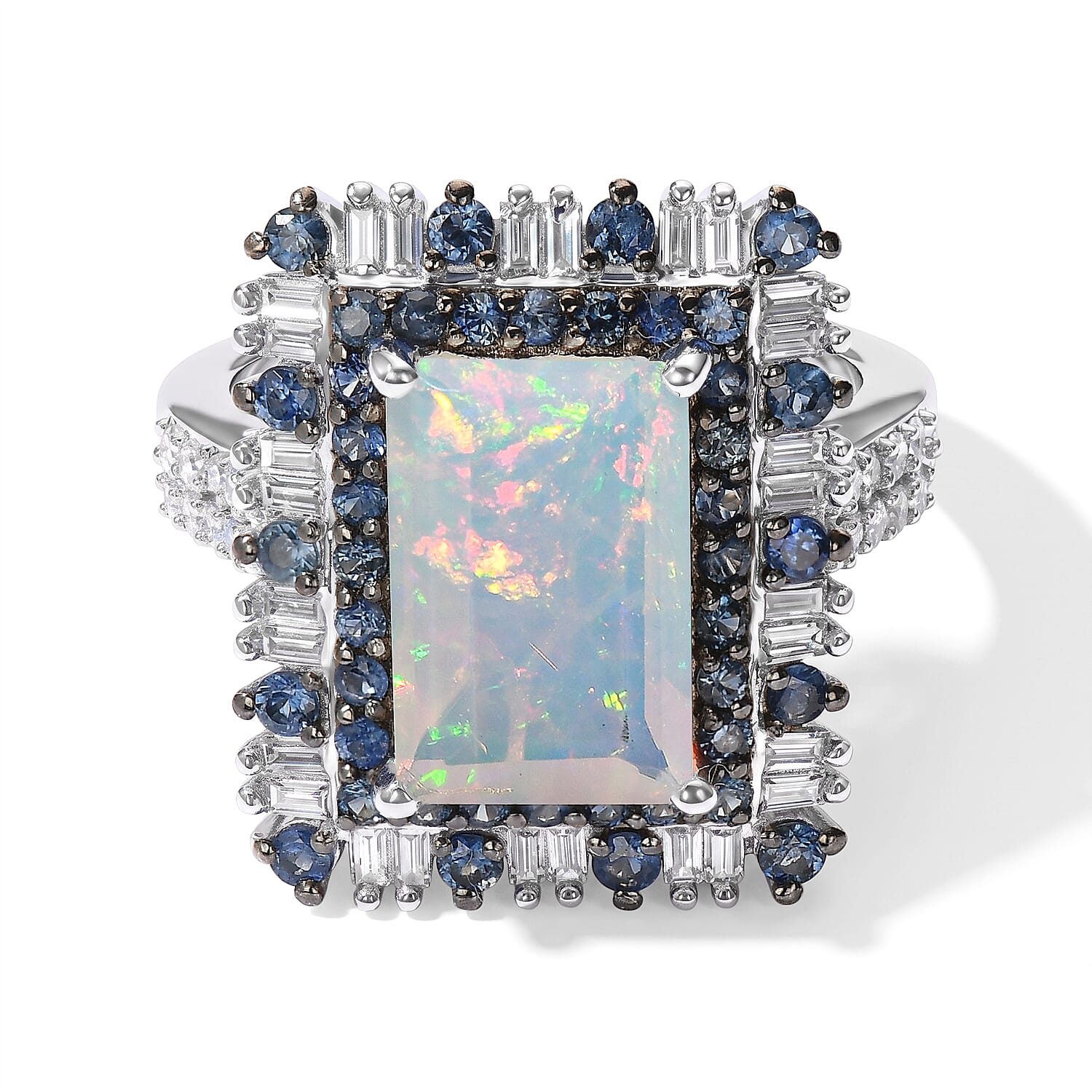 D'Joy Premium Ethiopian Welo Opal, Multi Gemstone Ring in Rhodium Over Sterling Silver (Size 10.0) 3.80 ctw