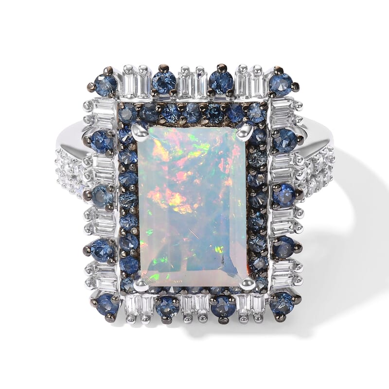 D'Joy Premium Ethiopian Welo Opal and Multi Gemstone 3.90 ctw Ring in Rhodium Over Sterling Silver (Size 6.0)