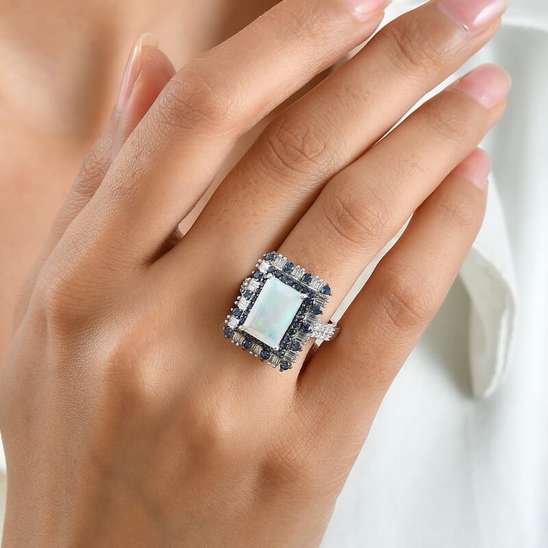 D'Joy Premium Ethiopian Welo Opal and Multi Gemstone 3.90 ctw Ring in Rhodium Over Sterling Silver (Size 6.0)