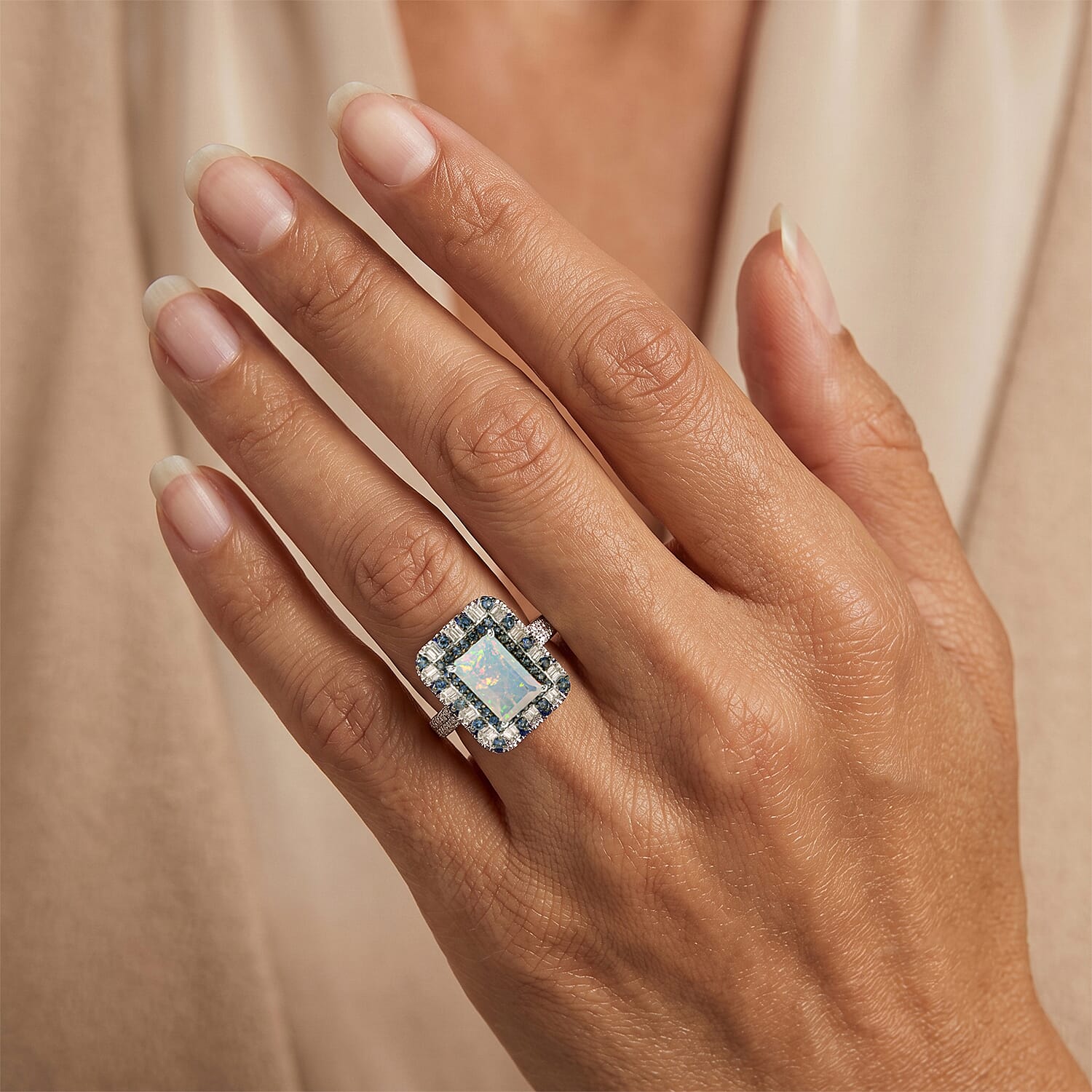 D'Joy Premium Ethiopian Welo Opal and Multi Gemstone 3.90 ctw Ring in Rhodium Over Sterling Silver (Size 6.0)