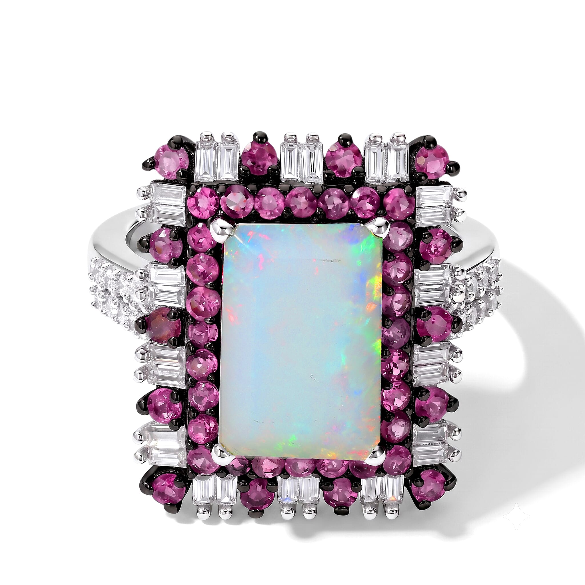 D'Joy Premium Ethiopian Welo Opal, Multi Gemstone Ring in Rhodium Over Sterling Silver (Size 10.0) 3.80 ctw