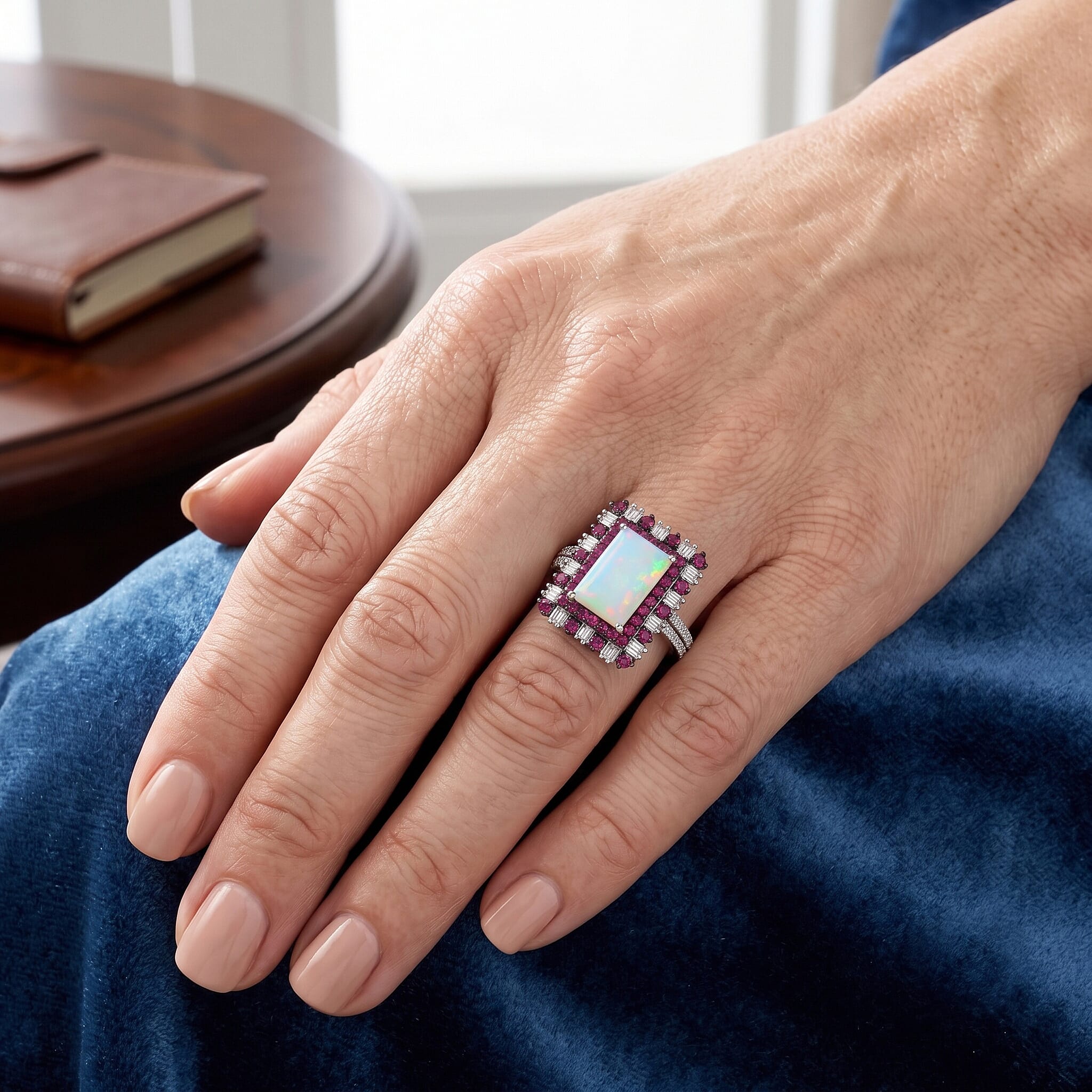 D'Joy Premium Ethiopian Welo Opal and Multi Gemstone 3.90 ctw Ring in Rhodium Over Sterling Silver (Size 7.0)