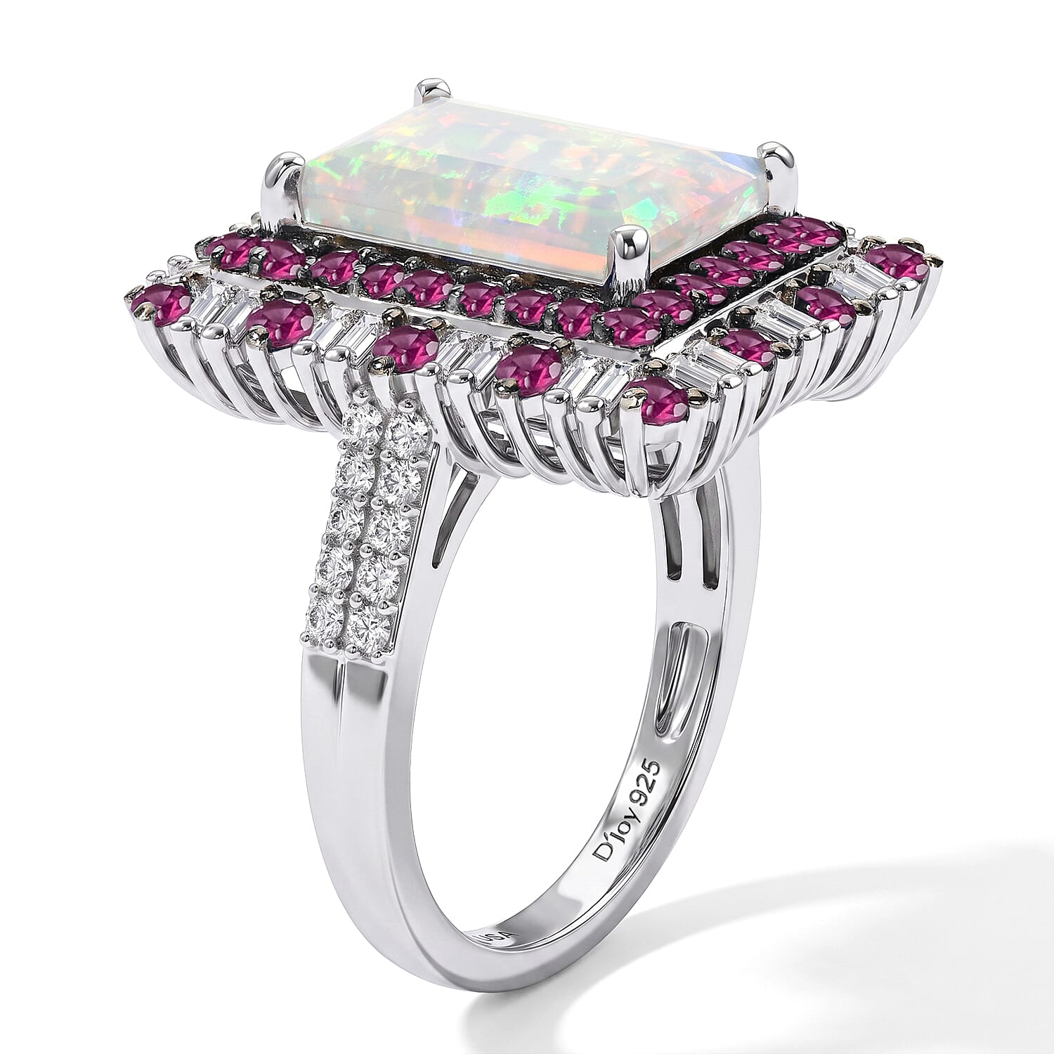 D'Joy Premium Ethiopian Welo Opal and Multi Gemstone 3.90 ctw Ring in Rhodium Over Sterling Silver (Size 7.0)