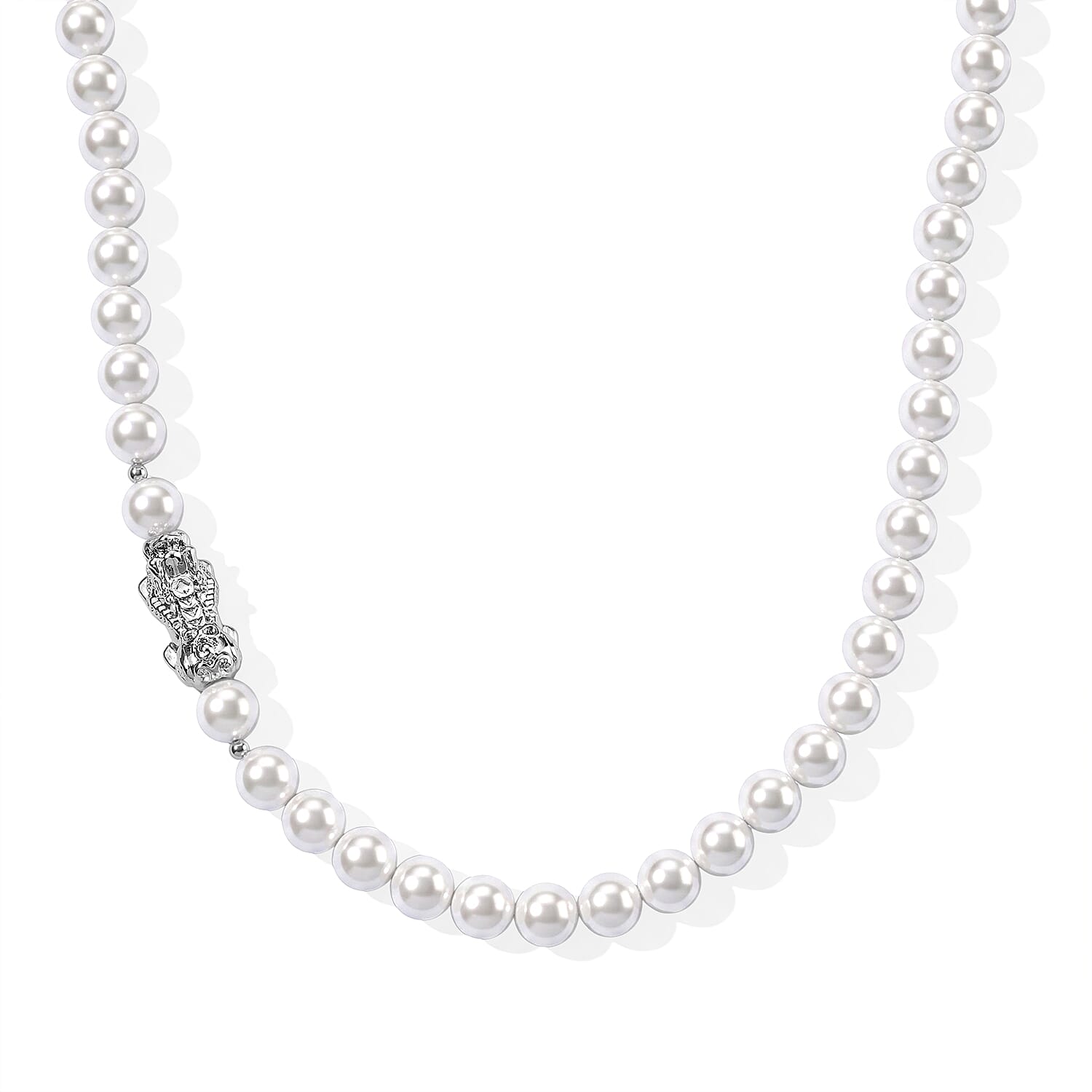 White Shell Pearl Necklace with Pixiu Charm in Silvertone 20-22 Inches