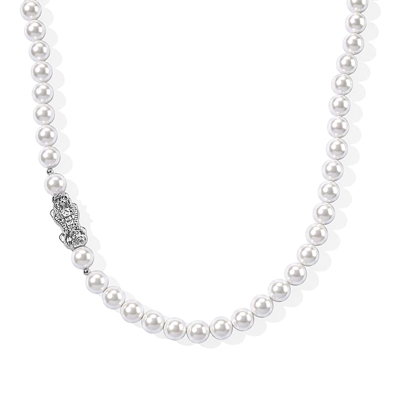 White Shell Pearl Necklace with Pixiu Charm in Silvertone 20-22 Inches
