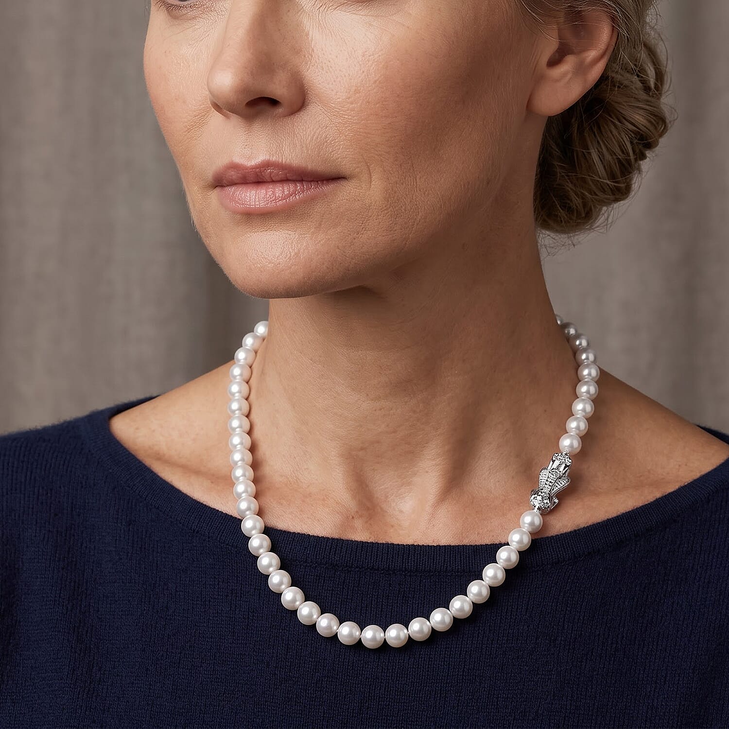 White Shell Pearl Necklace with Pixiu Charm in Silvertone 20-22 Inches