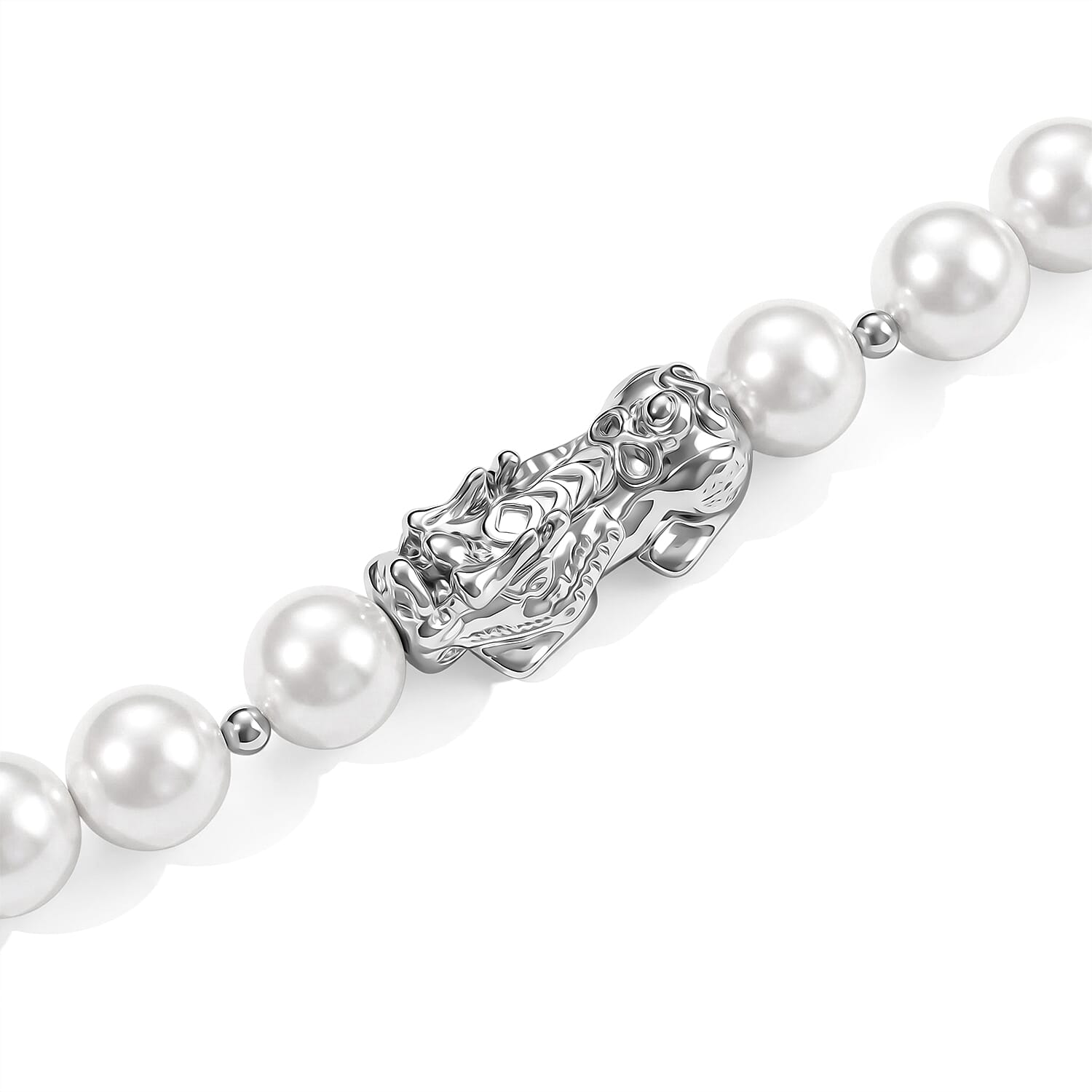 White Shell Pearl Necklace with Pixiu Charm in Silvertone 20-22 Inches