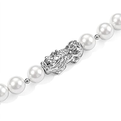 White Shell Pearl Necklace with Pixiu Charm in Silvertone 20-22 Inches