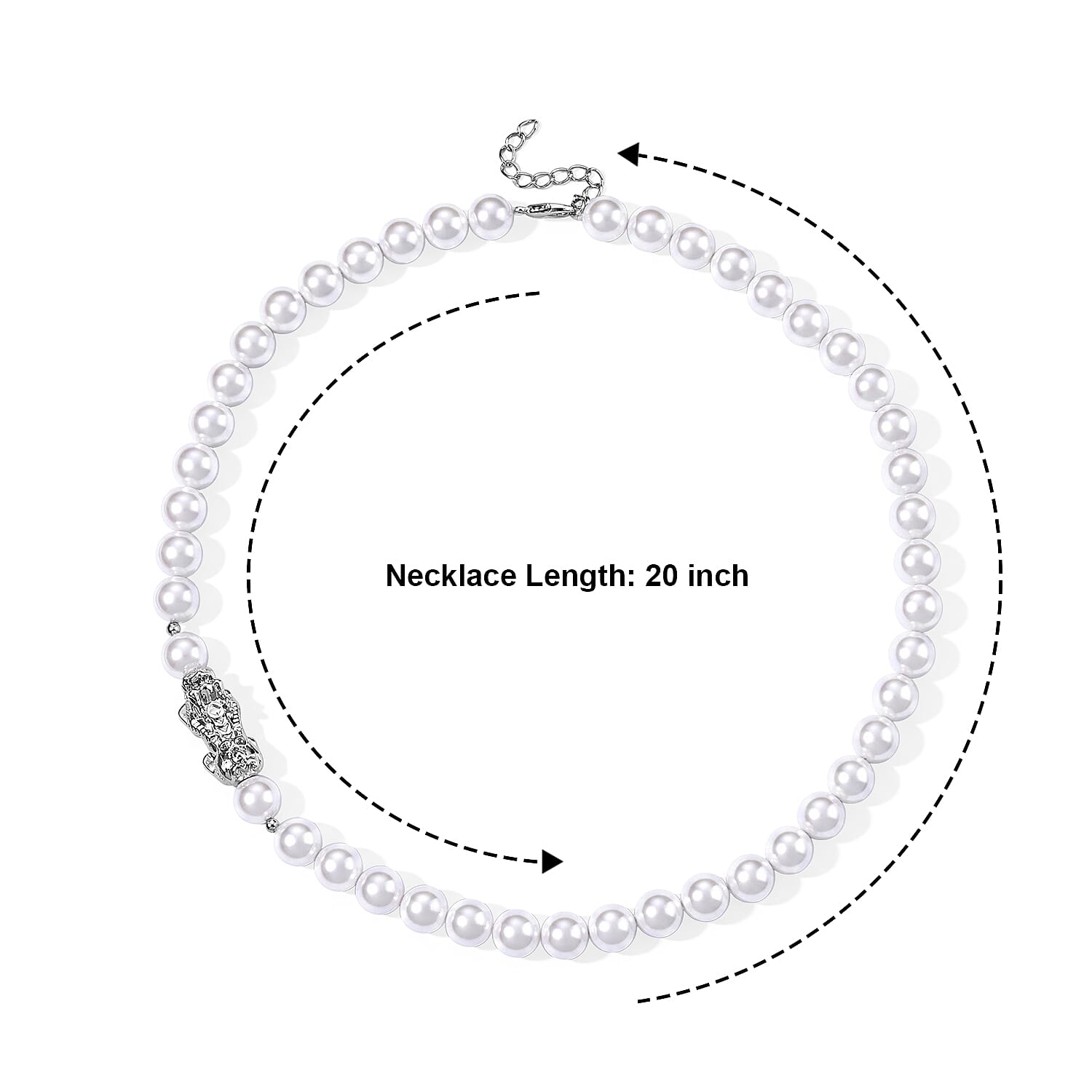 White Shell Pearl Necklace with Pixiu Charm in Silvertone 20-22 Inches