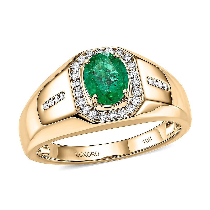 Luxoro AAA Kagem Zambian Emerald and Diamond I2 1.30 ctw Men's Ring in 10K Green Gold (Size 9.0) 5.50 Grams
