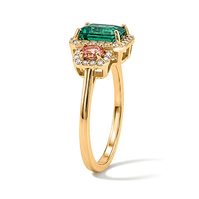 Luxoro Premium Kagem Zambian Emerald, Padparadscha Sapphire and Diamond I2 2.15 ctw Majesty Ring in 10K Yellow Gold (Size 5.0)