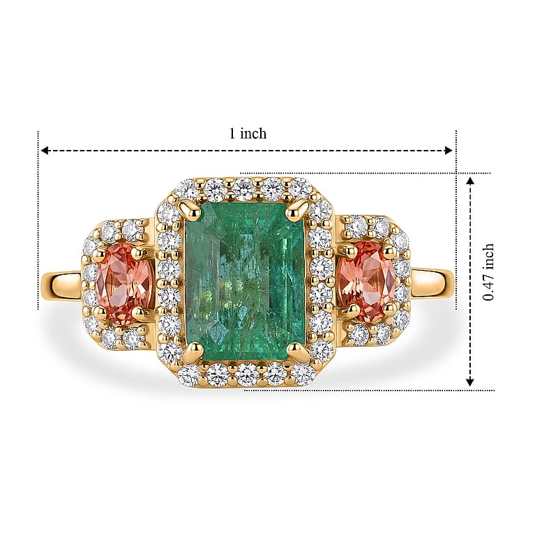 Luxoro Premium Kagem Zambian Emerald, Padparadscha Sapphire and Diamond I2 2.15 ctw Majesty Ring in 10K Yellow Gold (Size 5.0)