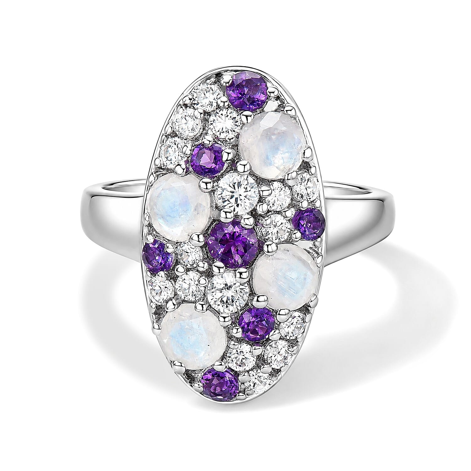 EverTrue Rainbow Moonstone and Multi Gemstone 1.85 ctw Ring in Platinum Bond (Size 5.0)