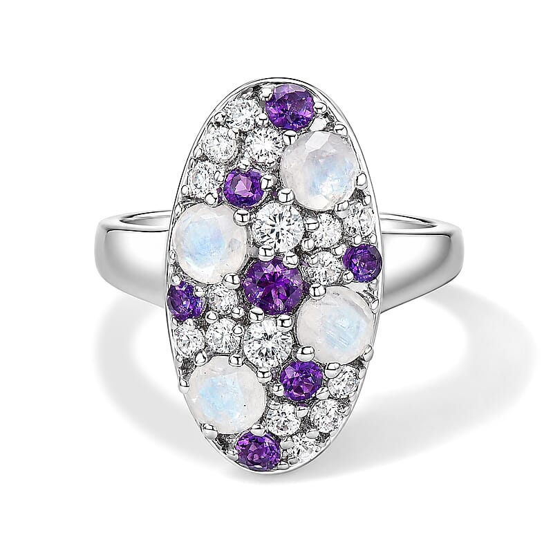 EverTrue Rainbow Moonstone and Multi Gemstone 1.85 ctw Ring in Platinum Bond (Size 5.0)