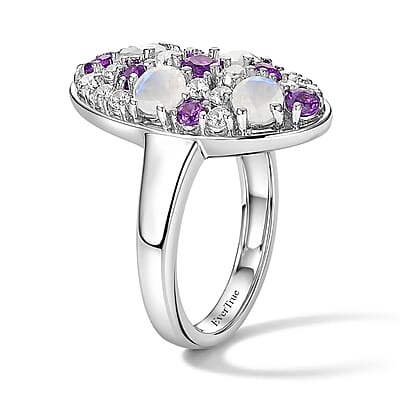EverTrue Rainbow Moonstone and Multi Gemstone 1.85 ctw Ring in Platinum Bond (Size 5.0)
