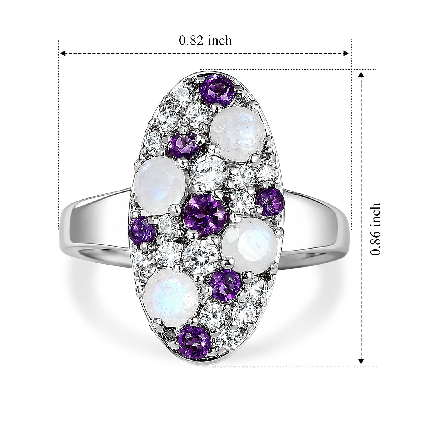 EverTrue Rainbow Moonstone and Multi Gemstone 1.85 ctw Ring in Platinum Bond (Size 5.0)