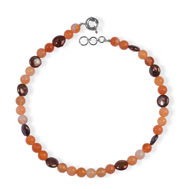EverTrue Red Agate and Bronze Pearl (D) 245.00 ctw Necklace (18 Inches) in Platinum Bond