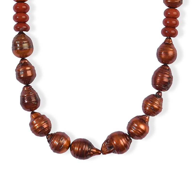 EverTrue Red Jasper and Bronze Pearl (D) 245.00 ctw Necklace (18 Inches) in Platinum Bond