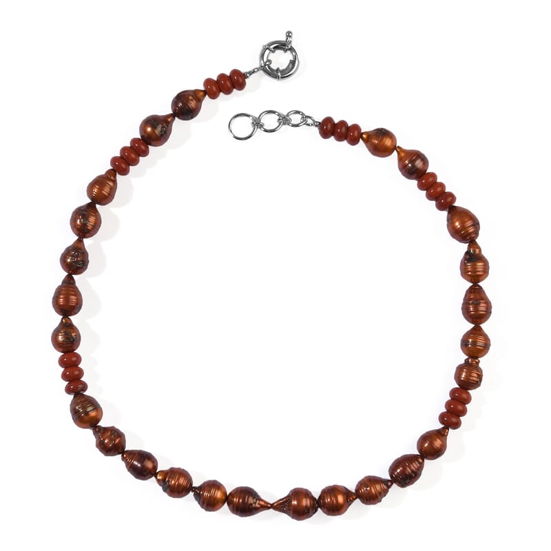 EverTrue Red Jasper and Bronze Pearl (D) 245.00 ctw Necklace (18 Inches) in Platinum Bond