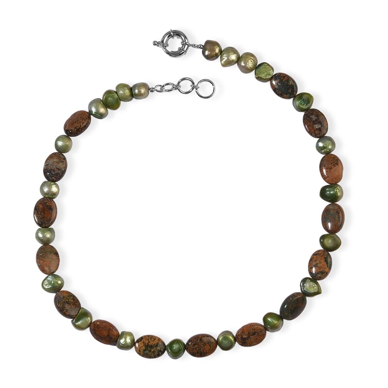 EverTrue Green Pearl (D) and Green Opal 175.00 ctw Necklace (18 Inches) in Platinum Bond