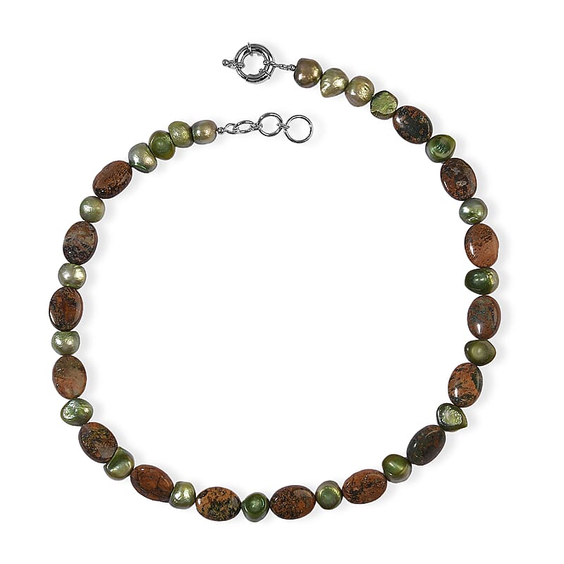EverTrue Green Pearl (D) and Green Opal 175.00 ctw Necklace (18 Inches) in Platinum Bond