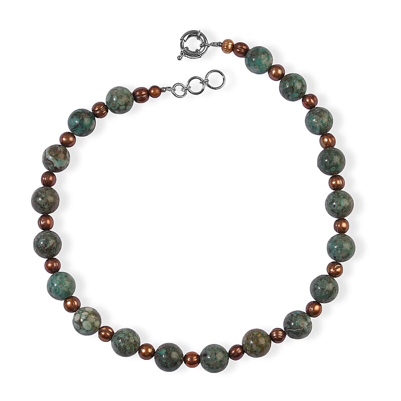 EverTrue Green Ocean Jasper and Bronze Freshwater Pearl 350.00 ctw Necklace (18 Inches) in Platinum Bond