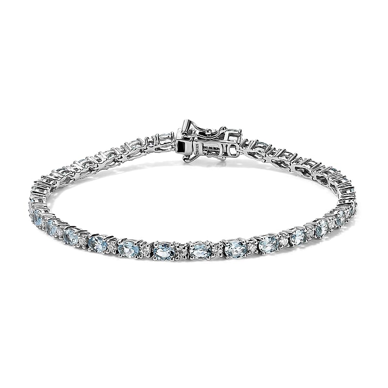 D'Joy Santa Maria Aquamarine and Moissanite 4.50 ctw Bracelet in Rhodium Over Sterling Silver (7.25 In)