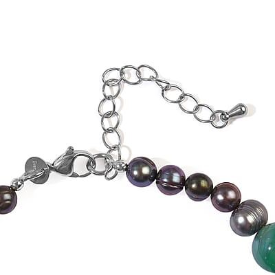 EverTrue Peacock Pearl and Green Agate 50.00 ctw Bracelet in Stainless Steel (7.25-9.25In)