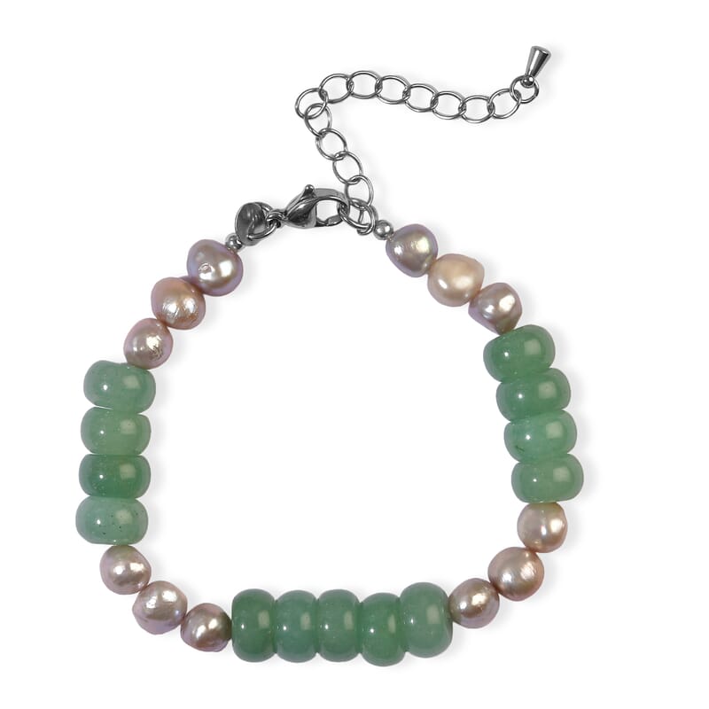 EverTrue Grey Pearl and Grene Aventurine 70.00 ctw Bracelet in Stainless Steel (7.25-9.25In)