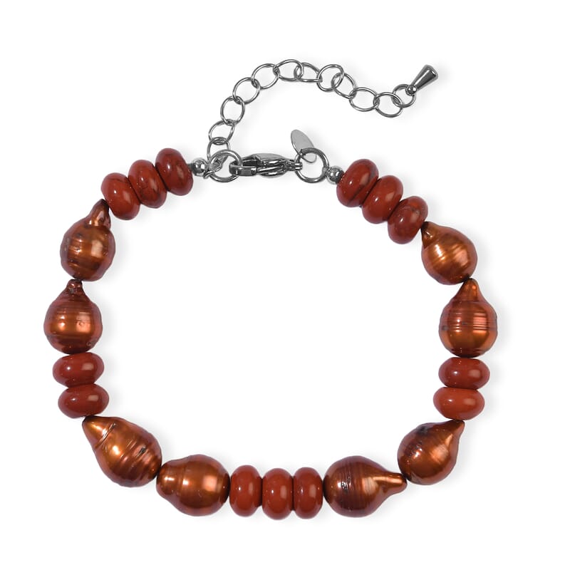 EverTrue Red Jasper and Brown Pearl (D) 35.00 ctw Bracelet in Stainless Steel (7.25-9.25In)