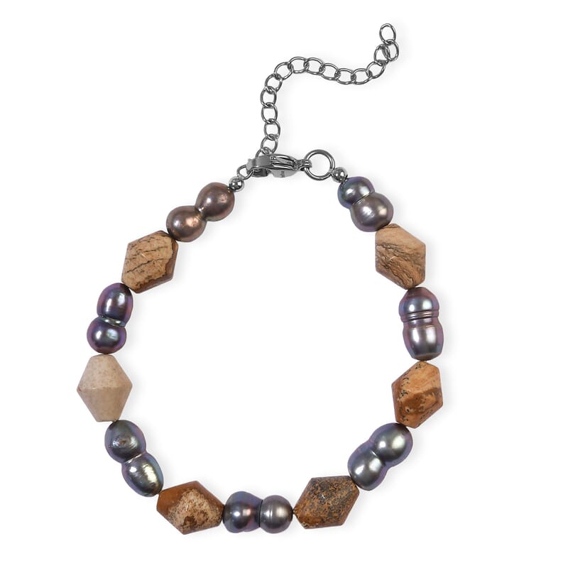 EverTrue Peacock Pearl and Picture Jasper 40.00 ctw Bracelet in Stainless Steel (7.25-9.25In)
