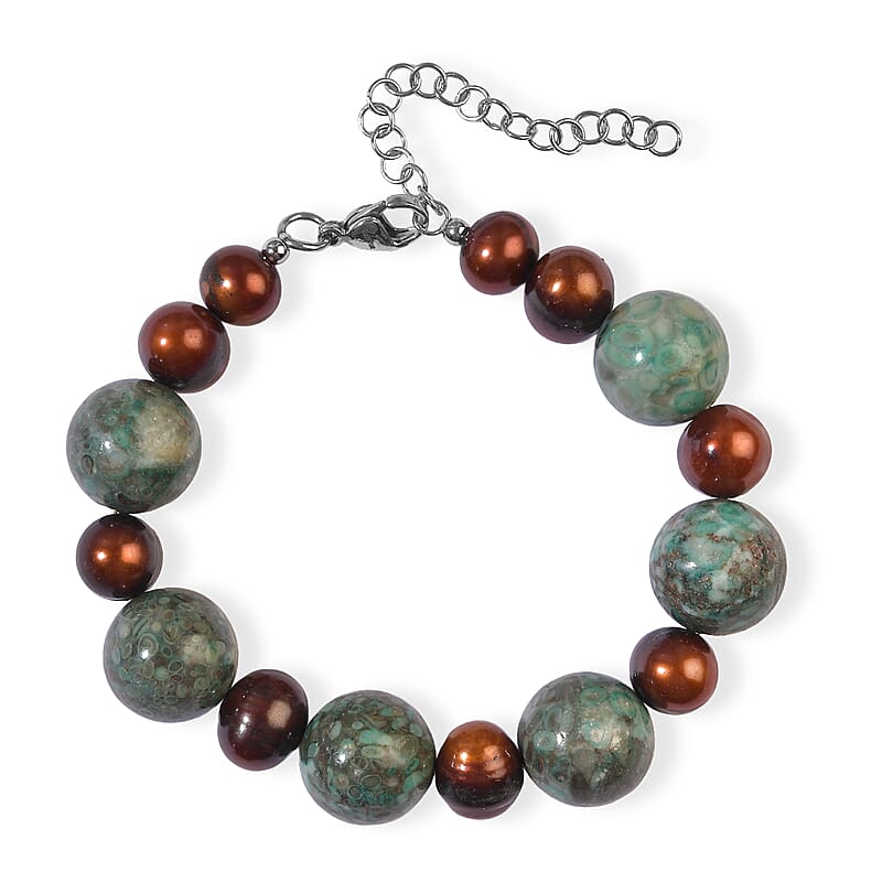 EverTrue Bronze Freshwater Pearl and Green Ocean Jasper 130.00 ctw Bracelet in Stainless Steel (7.25-9.25In)