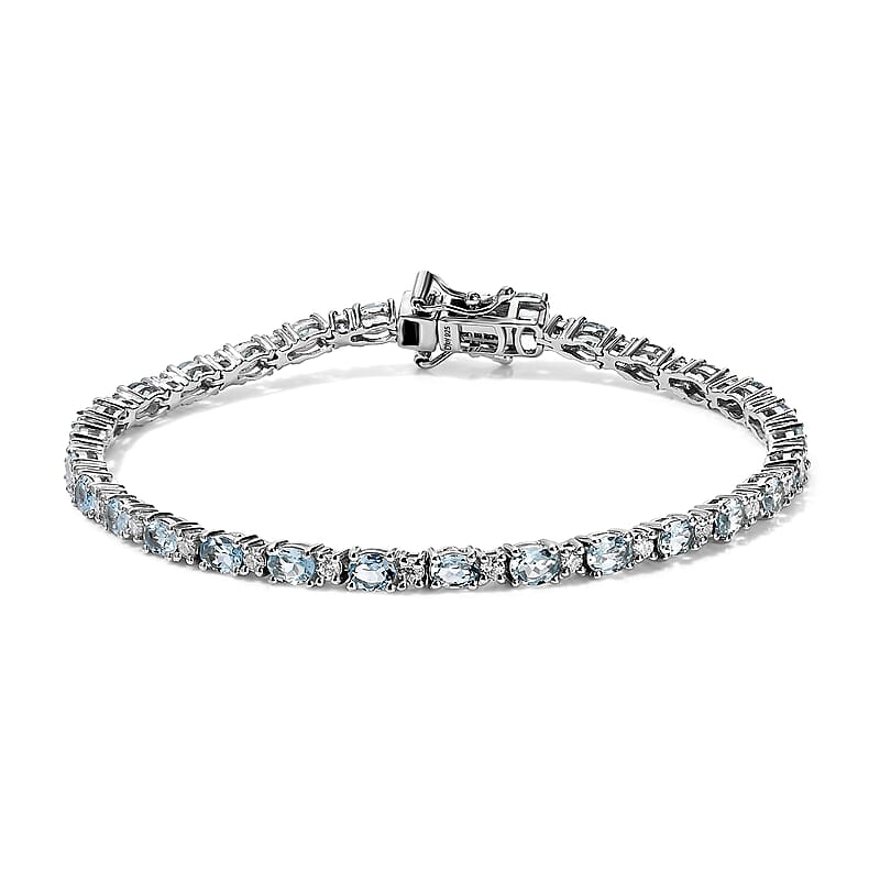 D'Joy Santa Maria Aquamarine and Moissanite 4.00 ctw Sea Whisper Bracelet in Rhodium Over Sterling Silver (6.50 In)