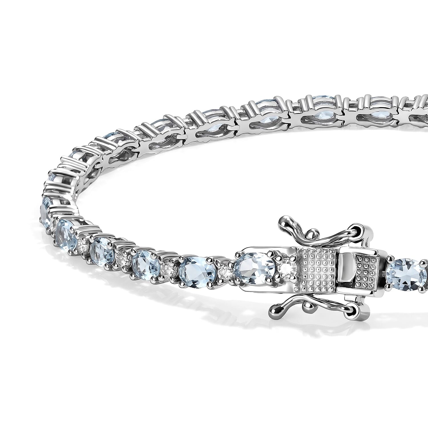 D'Joy Santa Maria Aquamarine and Moissanite 4.00 ctw Sea Whisper Bracelet in Rhodium Over Sterling Silver (6.50 In)