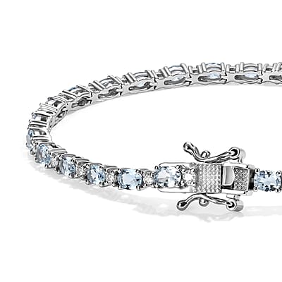 D'Joy Santa Maria Aquamarine and Moissanite 4.00 ctw Sea Whisper Bracelet in Rhodium Over Sterling Silver (6.50 In)