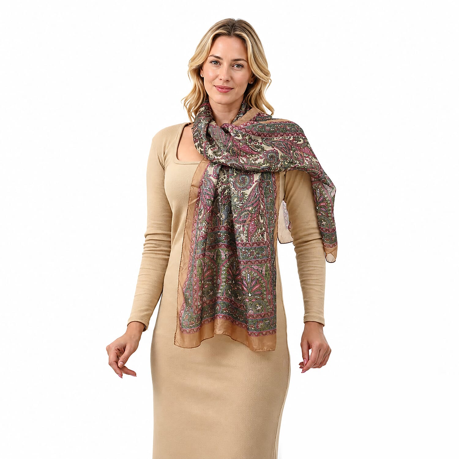 La Marey Golden Paisley Print 100% Mulberry Silk Scarf