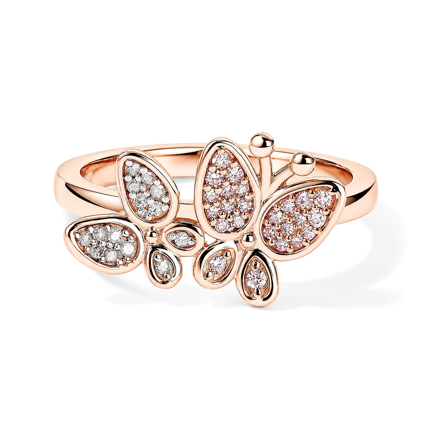 D''Joy Natural Pink and White Diamond 0.20 ctw Butterfly Ring in 18K Vermeil Rose Gold Over Sterling Silver (Size 10.0)