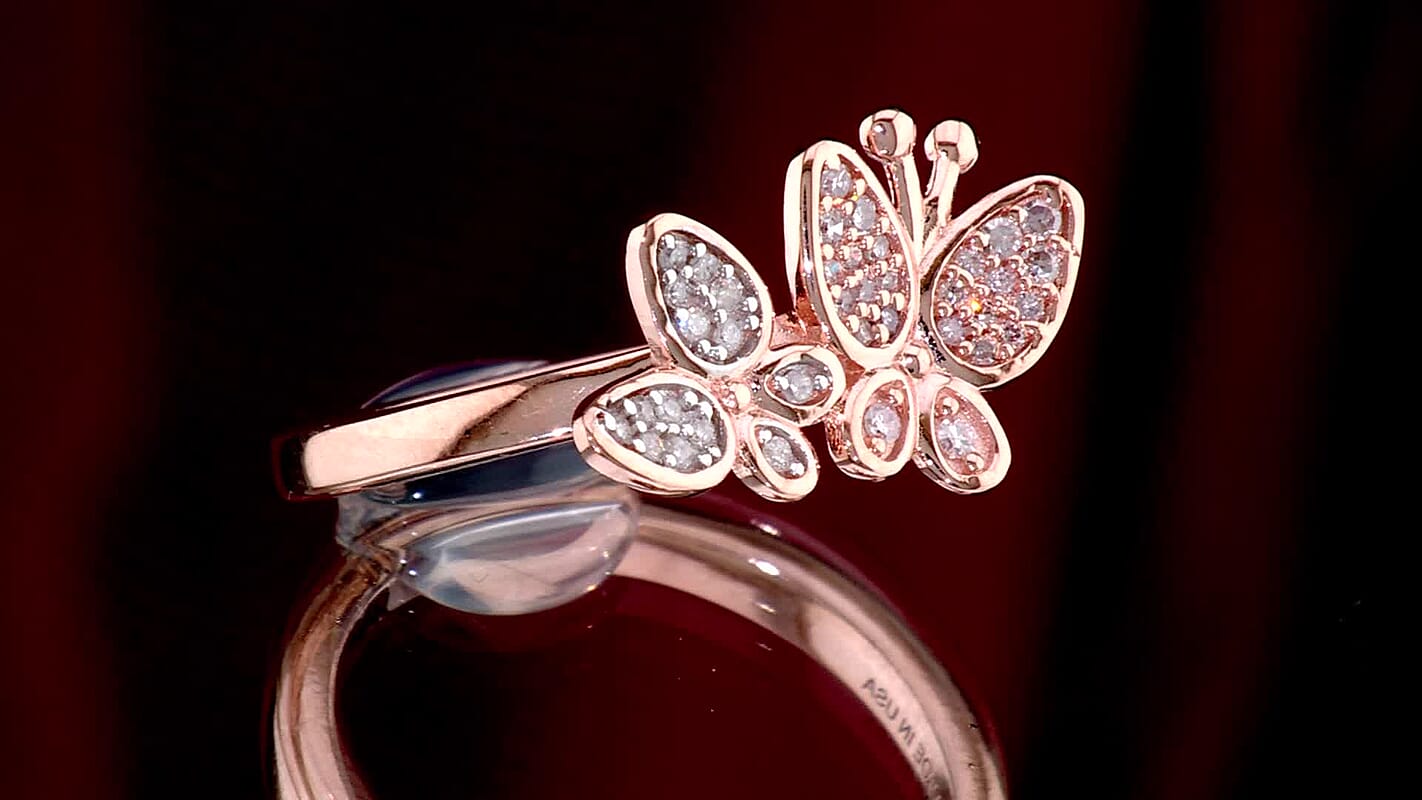D''Joy Natural Pink and White Diamond 0.20 ctw Butterfly Ring in 18K Vermeil Rose Gold Over Sterling Silver (Size 10.0)