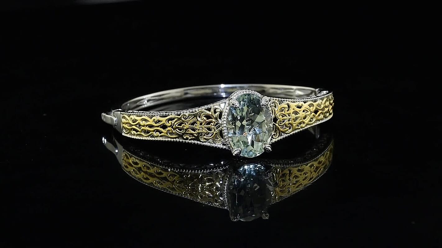 EverTrue Montezuma Prasiolite 12.10 ctw Bangle Bracelet in 18K YG Plated and Platinum Bond (7.25 in)