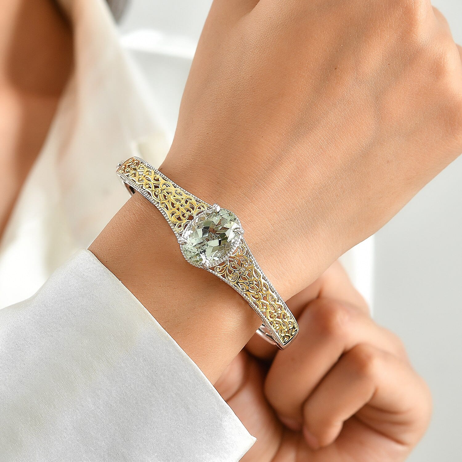 EverTrue Montezuma Prasiolite 12.10 ctw Green Aurora Bangle Bracelet in 18K YG Plated and Platinum Bond (6.50 in)